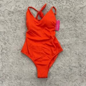 Xhilaration Orange Ribbed One Piece Swimsuit XS Strappy Back NWT